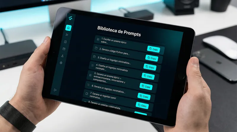Tablet mostrando biblioteca de prompts