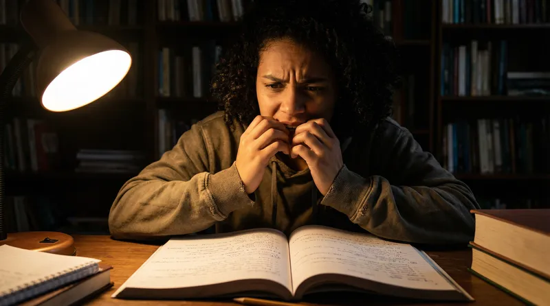Estudante roendo unhas de ansiedade