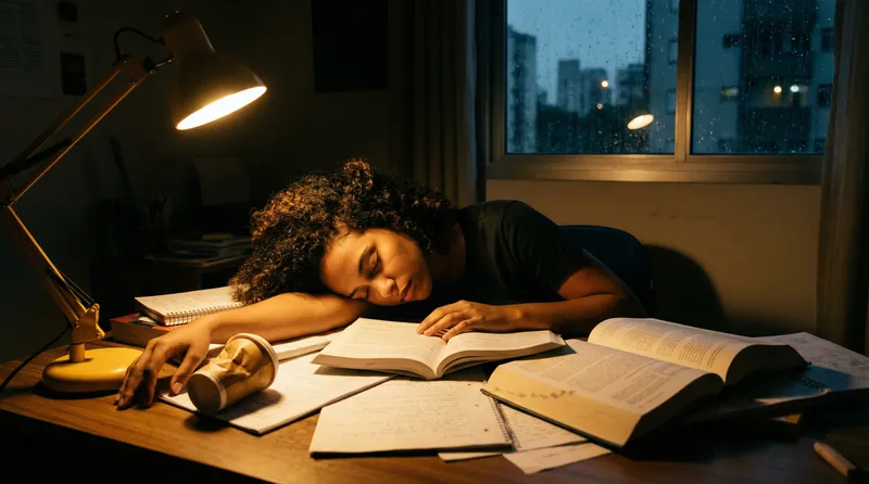 Estudante dormindo sobre os livros