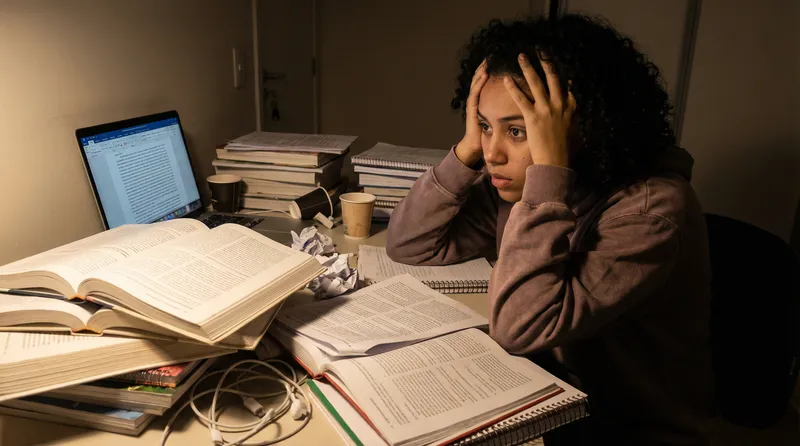 Estudante sobrecarregado com pilhas de livros