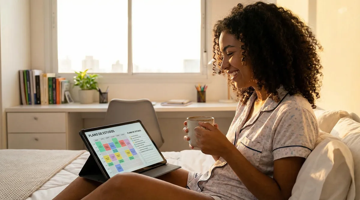 Estudante acordando feliz e confiante com seu plano de estudos